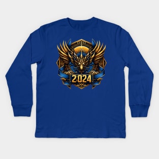 Wooden Gold Blue Dragon 2024 Kids Long Sleeve T-Shirt